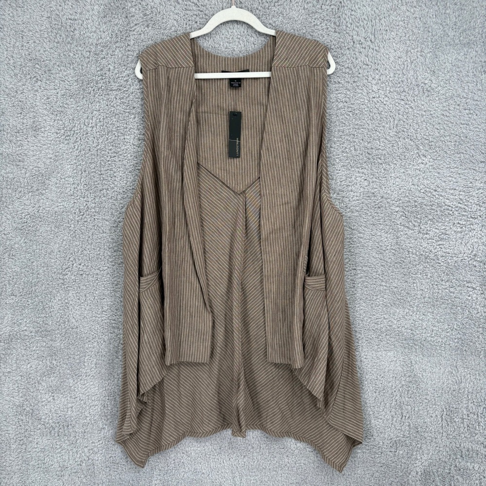 NEW Lundström Pinstripe 100% Linen Open Front Long Vest Size 16 Olive Brown